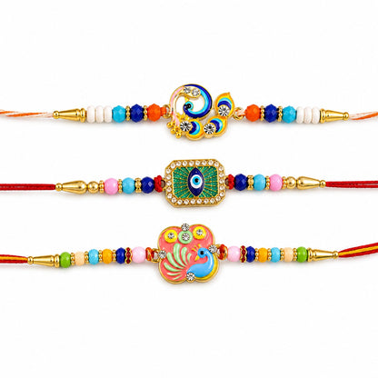 Peacock Motif Beaded Rakhi with Kundan Pattern Work (3 Pc)
