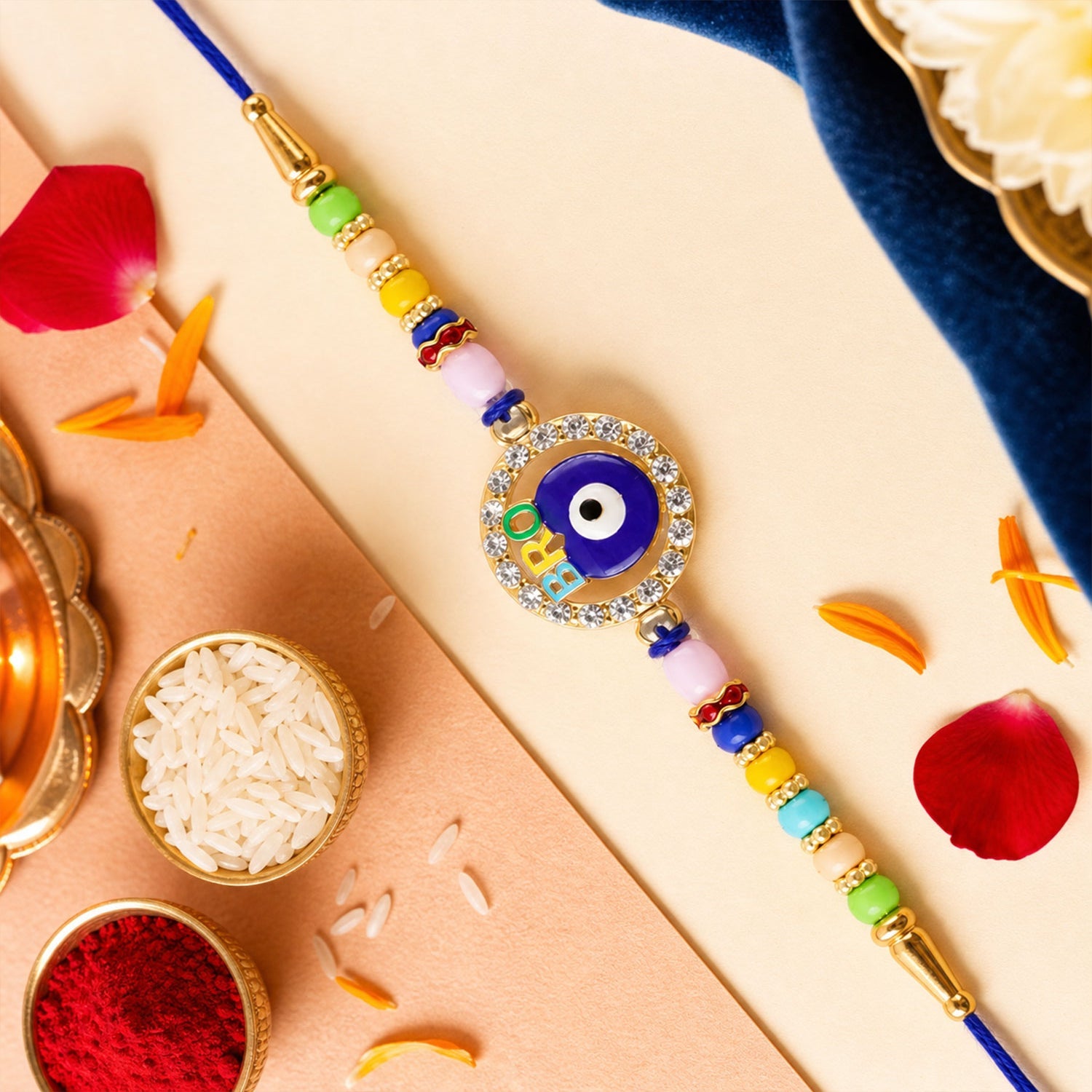 Round Evil Eye Beaded Rakhi with Ornamental Center (3 Pc)