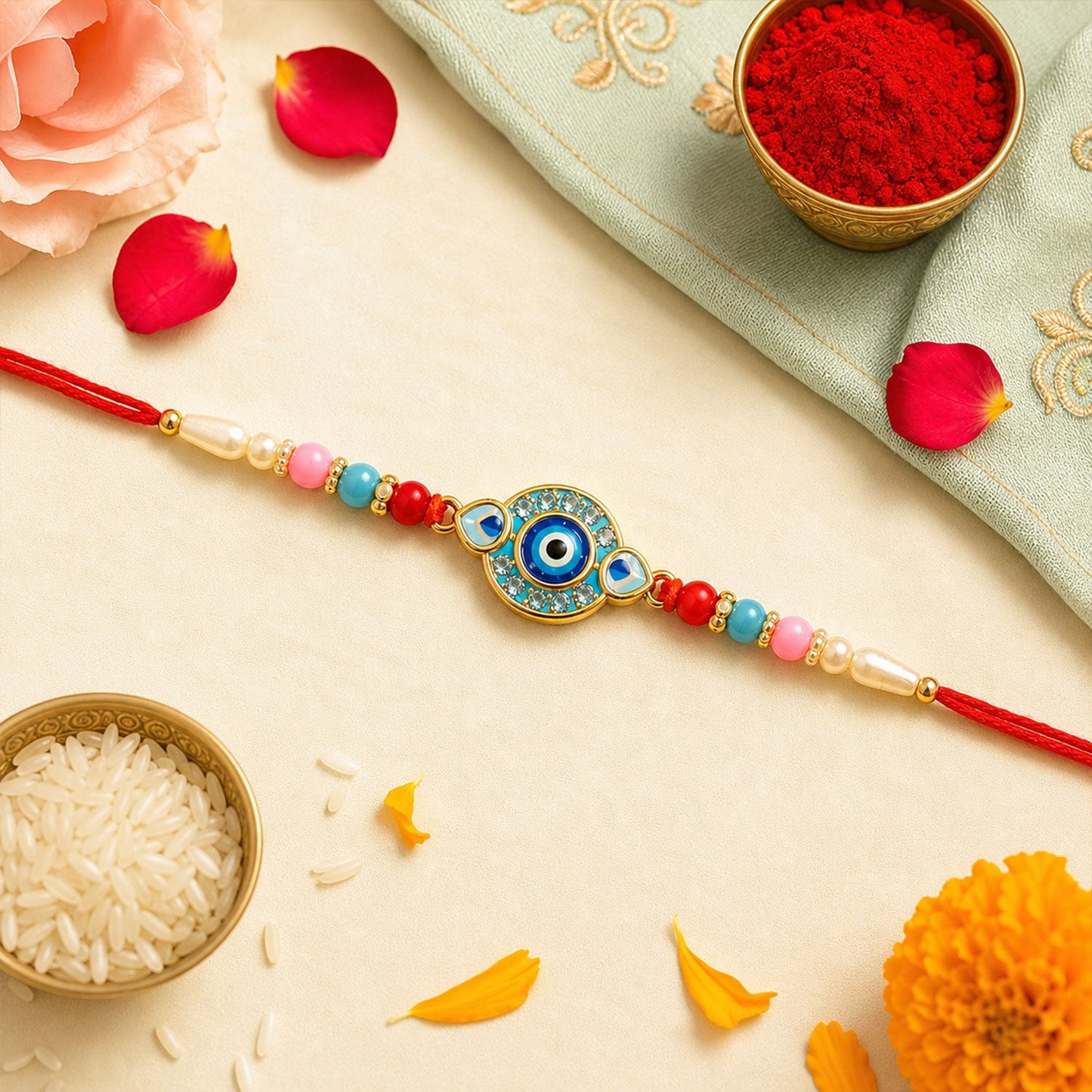 Round Evil Eye Beaded Rakhi with Ornamental Center (3 Pc)