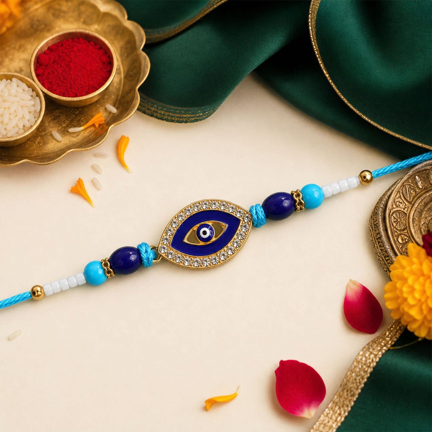 Round Evil Eye Beaded Rakhi with Ornamental Center (3 Pc)