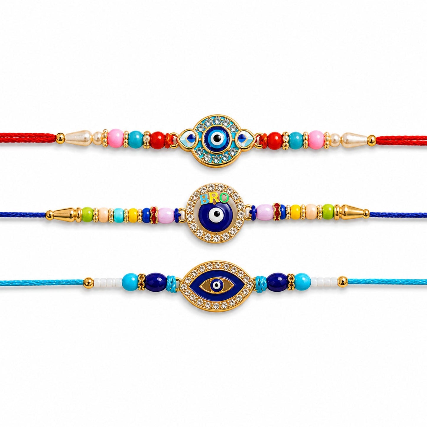 Round Evil Eye Beaded Rakhi with Ornamental Center (3 Pc)