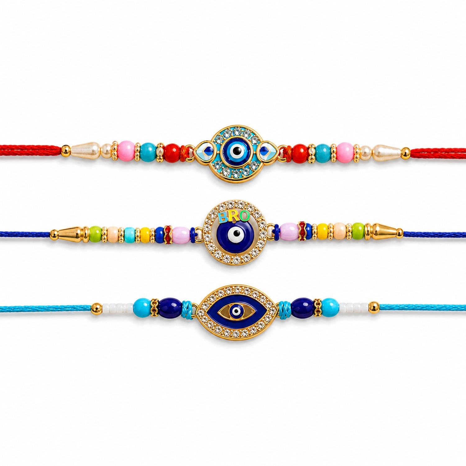 Round Evil Eye Beaded Rakhi with Ornamental Center (3 Pc)