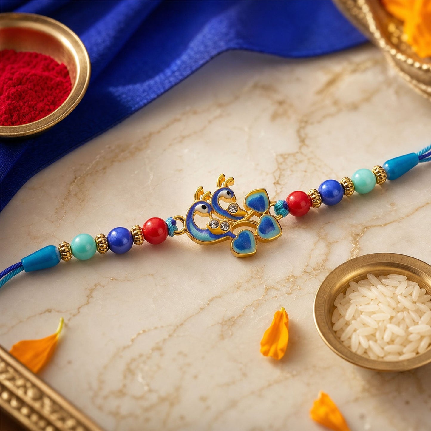Peacock Stone Beaded Rakhi with Elegant Kundan Work (3 Pc)