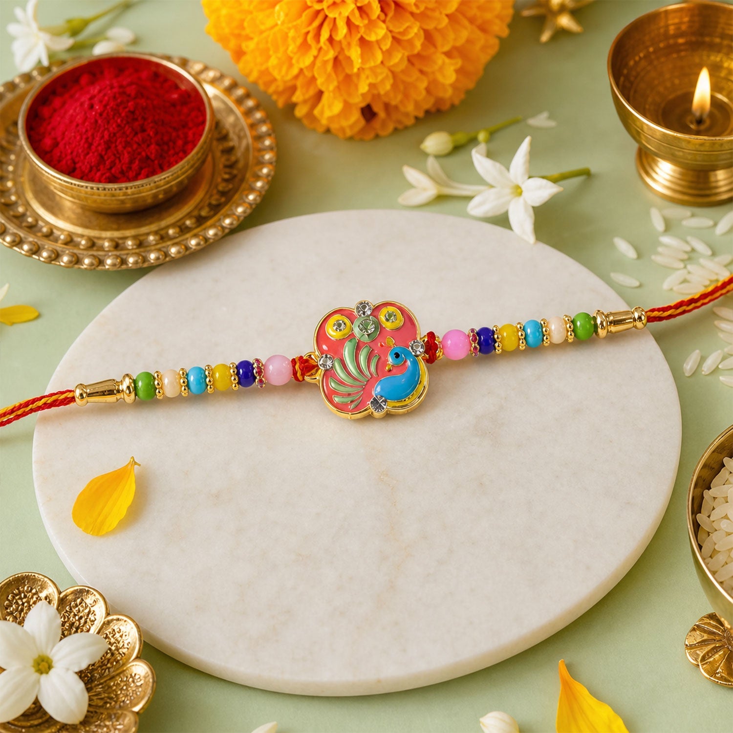Peacock Stone Beaded Rakhi with Elegant Kundan Work (3 Pc)