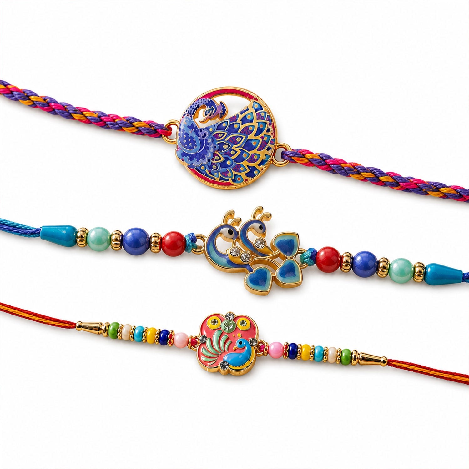 Peacock Stone Beaded Rakhi with Elegant Kundan Work (3 Pc)