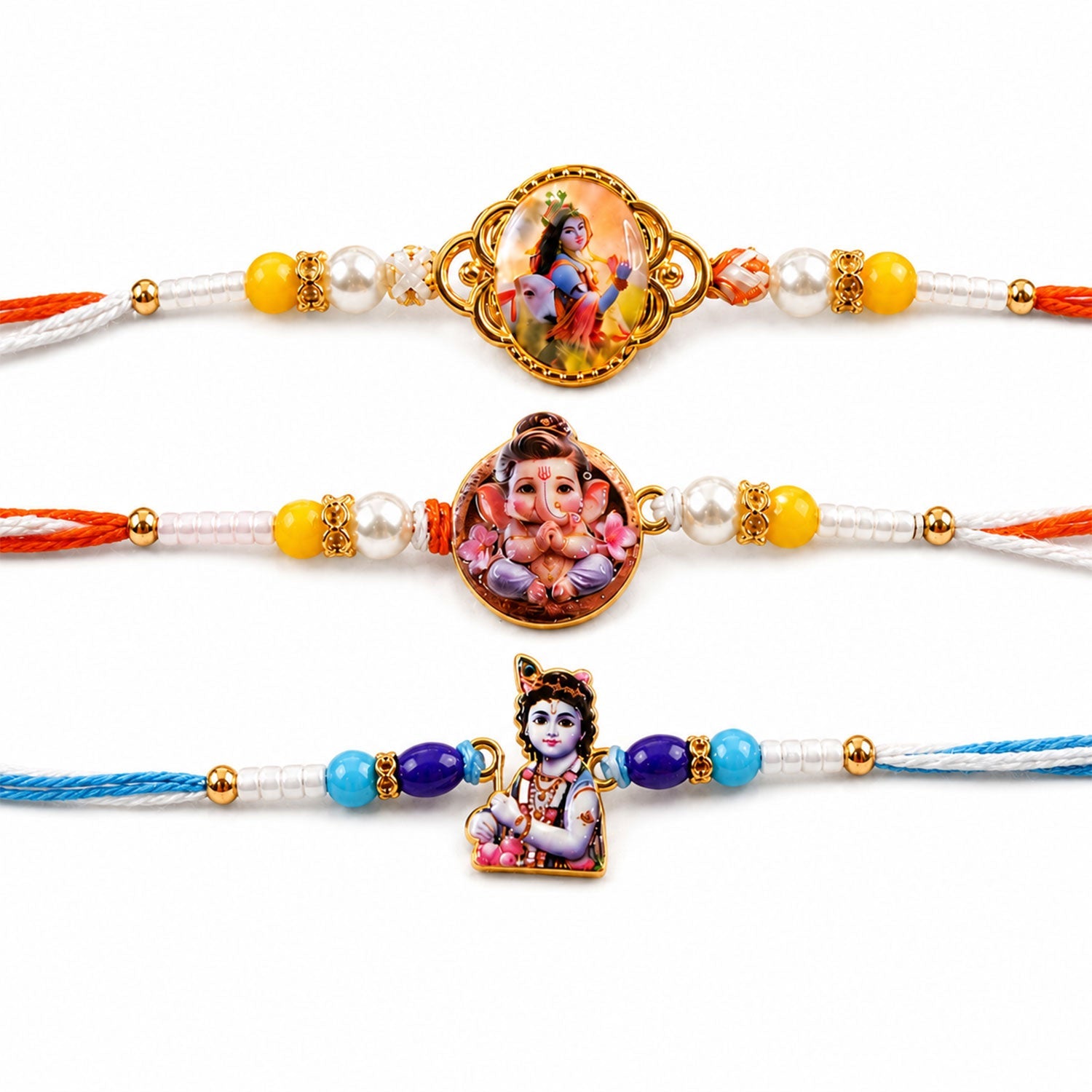 Ganpati Kids Pearl Beaded Rakhi with Cute Center Charm (3 Pc)