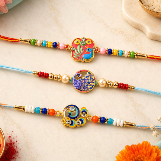 Peacock Charm Beaded Rakhi with Elegant Pattern Work (3 Pc)