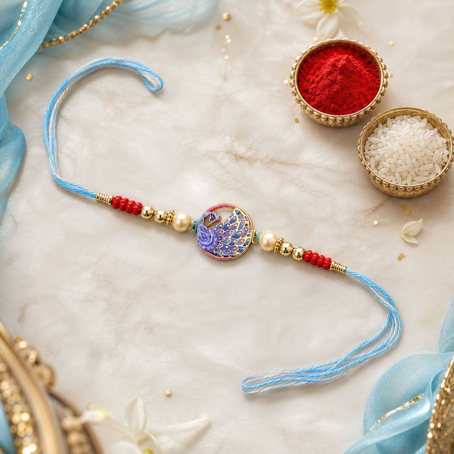 Peacock Charm Beaded Rakhi with Elegant Pattern Work (3 Pc)