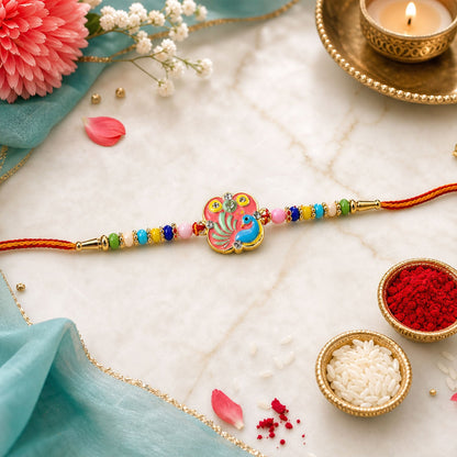 Peacock Charm Beaded Rakhi with Elegant Pattern Work (3 Pc)