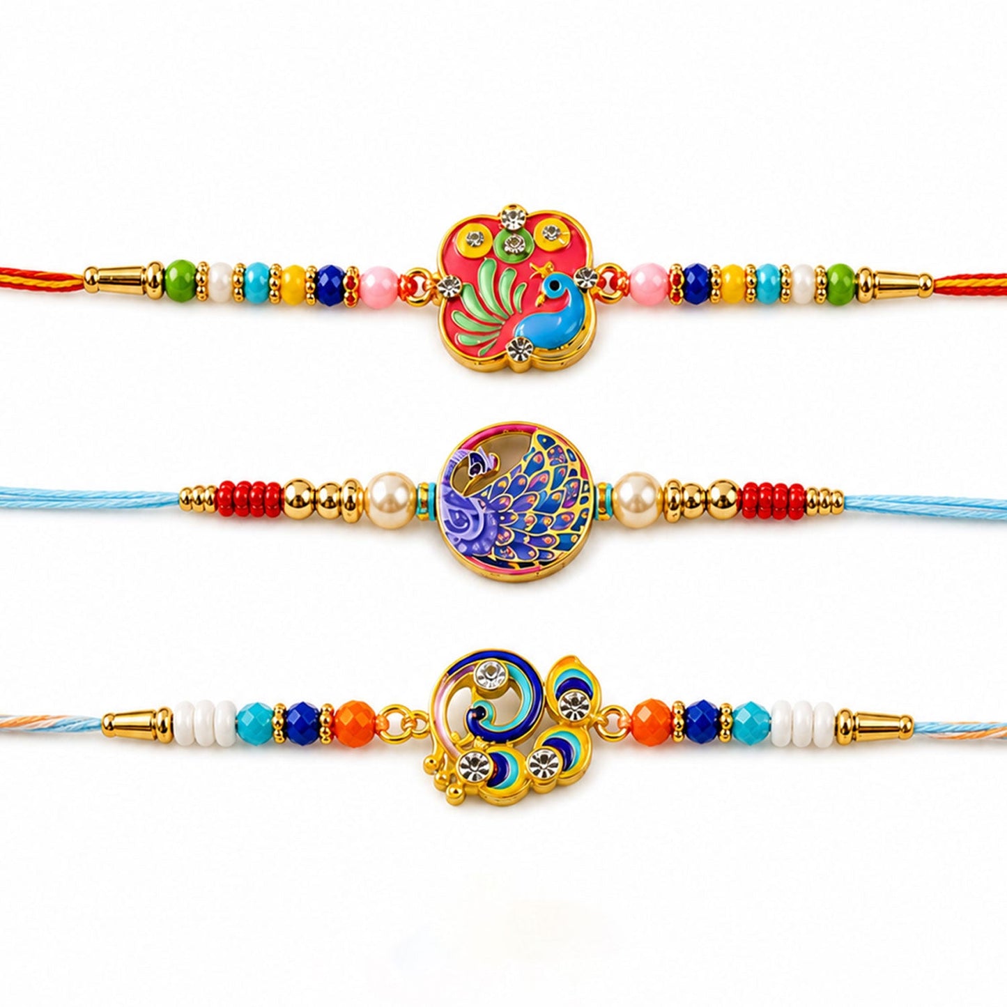 Peacock Charm Beaded Rakhi with Elegant Pattern Work (3 Pc)