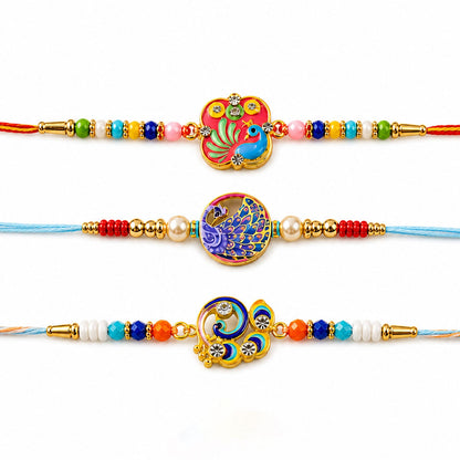 Peacock Charm Beaded Rakhi with Elegant Pattern Work (3 Pc)