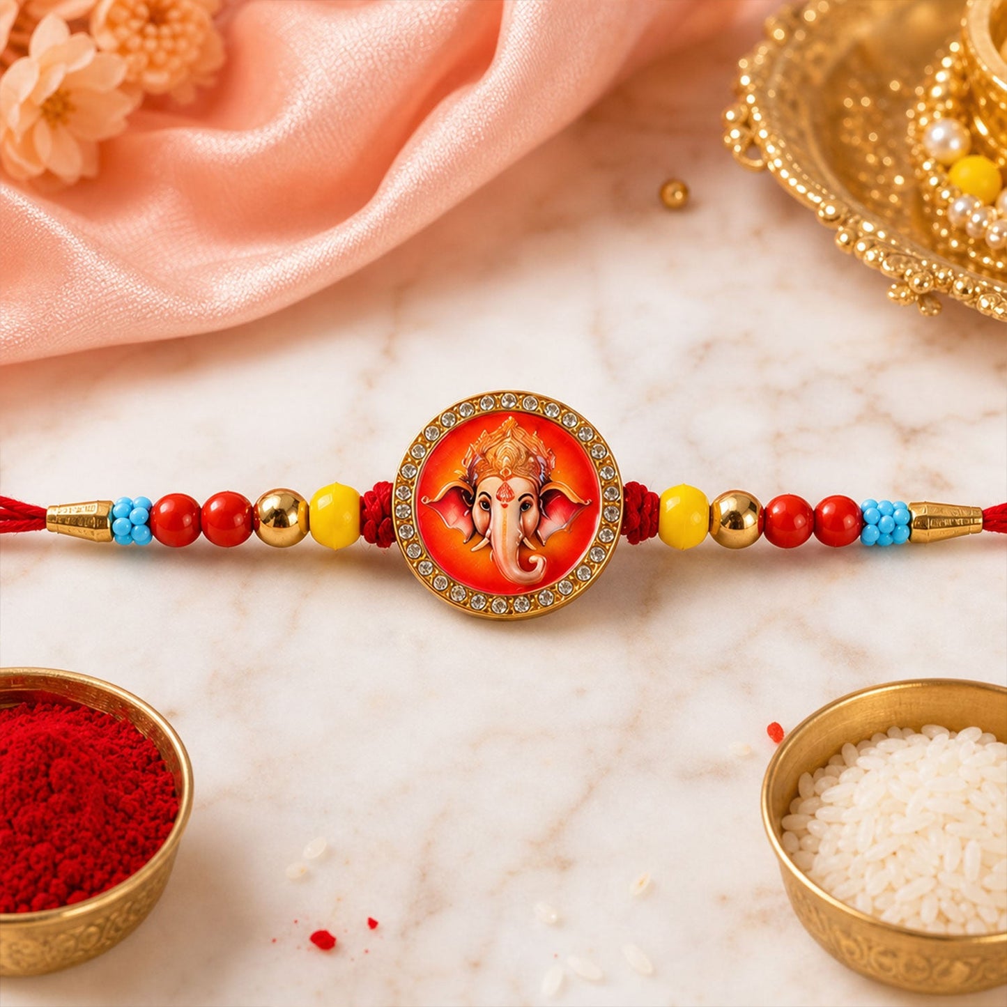 Ganesh Devotional Beaded Rakhi with Sacred Charm Work (3 Pc)