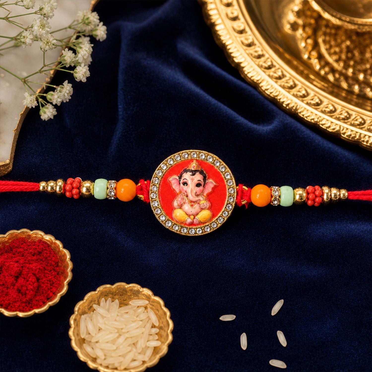 Ganesh Devotional Beaded Rakhi with Sacred Charm Work (3 Pc)