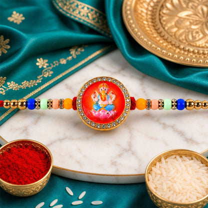 Ganesh Devotional Beaded Rakhi with Sacred Charm Work (3 Pc)