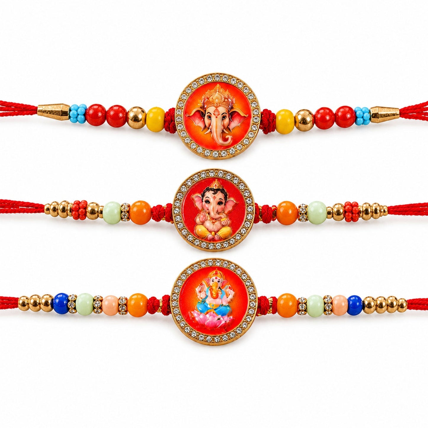 Ganesh Devotional Beaded Rakhi with Sacred Charm Work (3 Pc)
