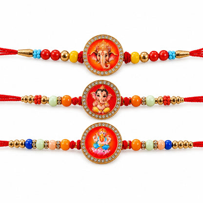 Ganesh Devotional Beaded Rakhi with Sacred Charm Work (3 Pc)