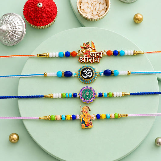 Krishna Peacock Beaded Rakhi with Devotional Charm (4 Pc)