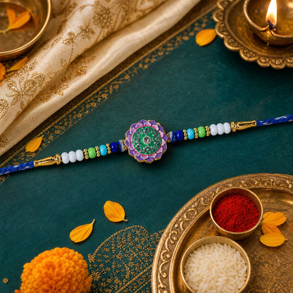 Krishna Peacock Beaded Rakhi with Devotional Charm (4 Pc)