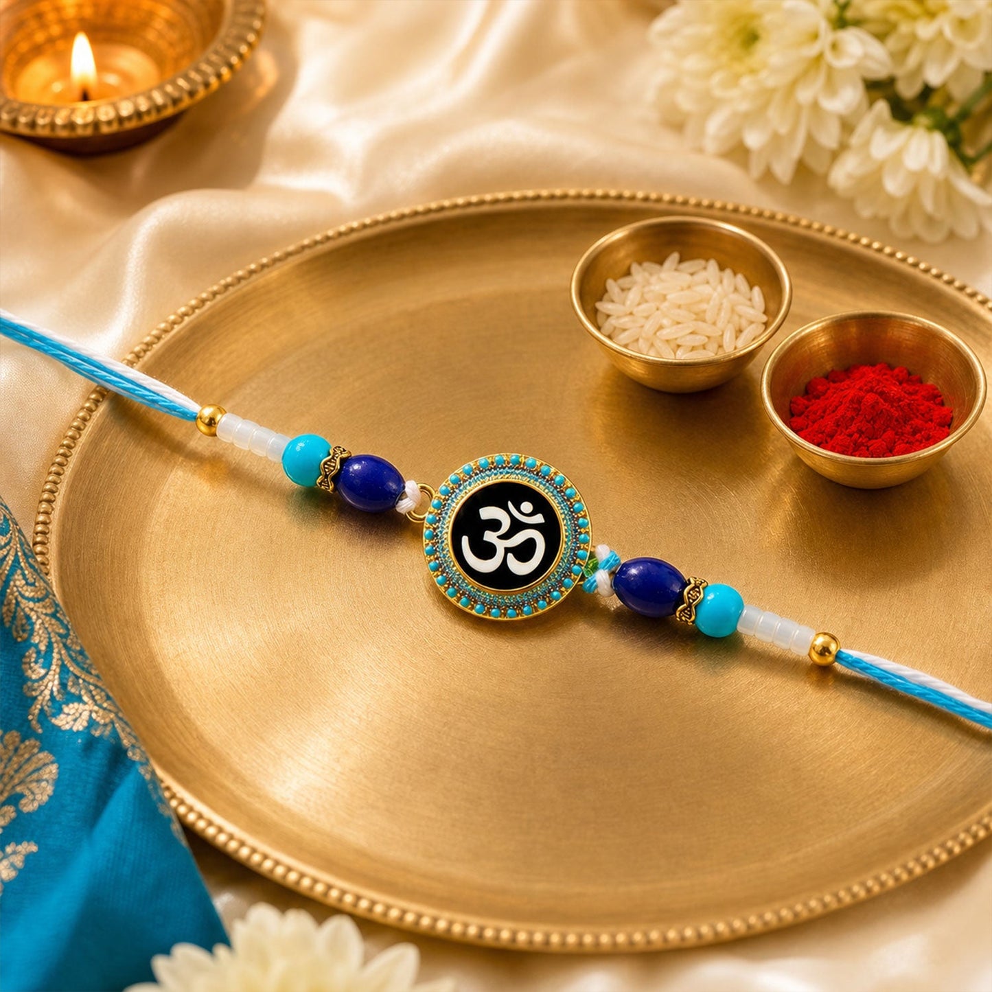 Krishna Peacock Beaded Rakhi with Devotional Charm (4 Pc)