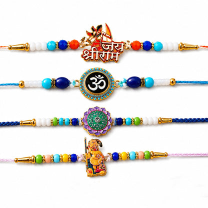 Krishna Peacock Beaded Rakhi with Devotional Charm (4 Pc)
