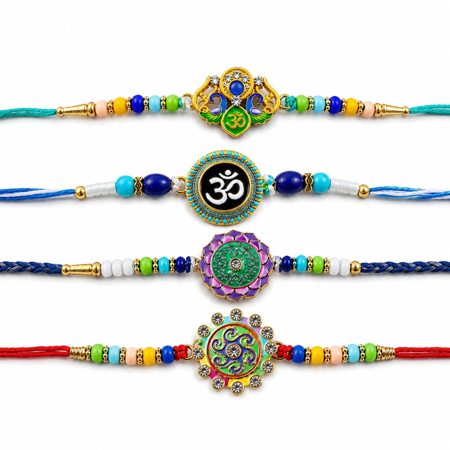 Floral Kundan Beaded Rakhi with Traditional Work (4 Pc)
