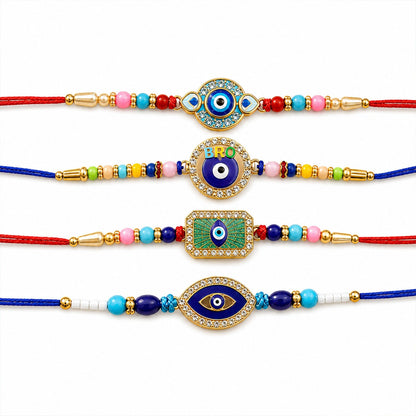 Evil Eye Beaded Rakhi with Protective Motif Work (4 Pc)