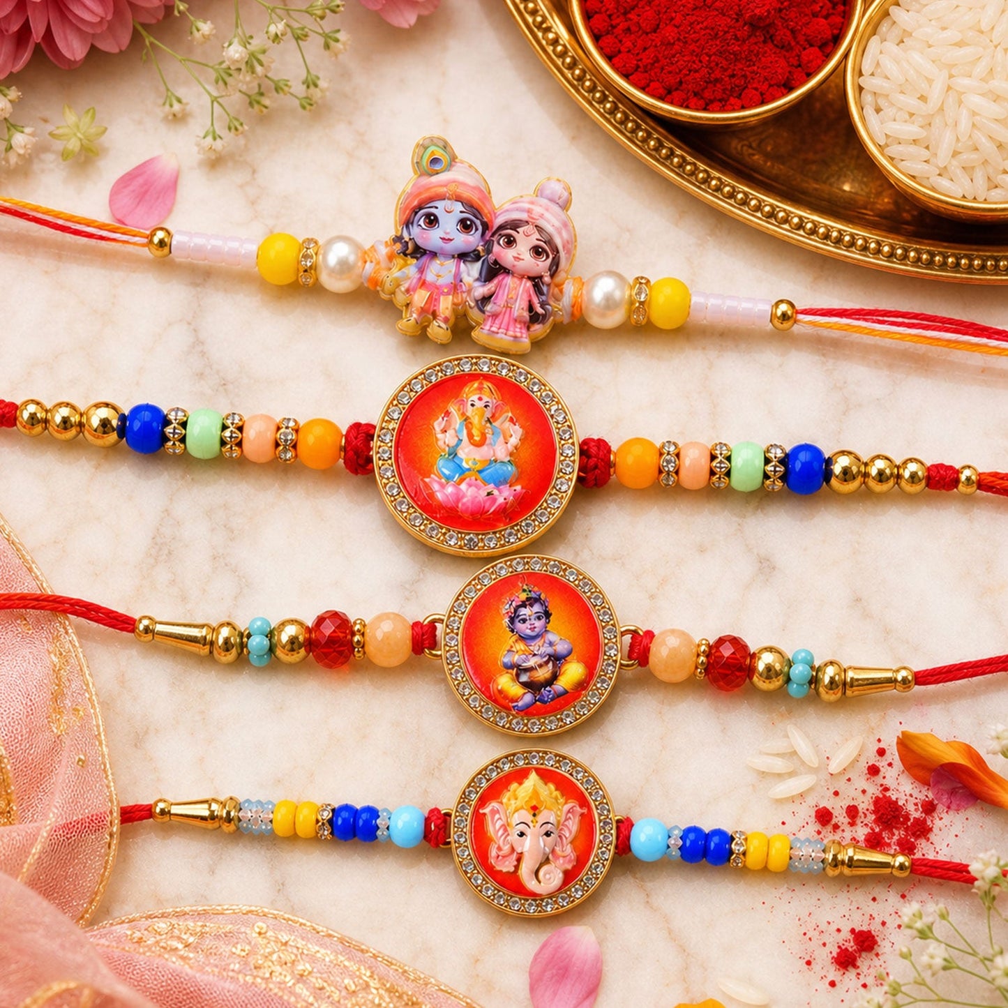 Ganesh Devotional Beaded Rakhi with Sacred Charm (4 Pc)