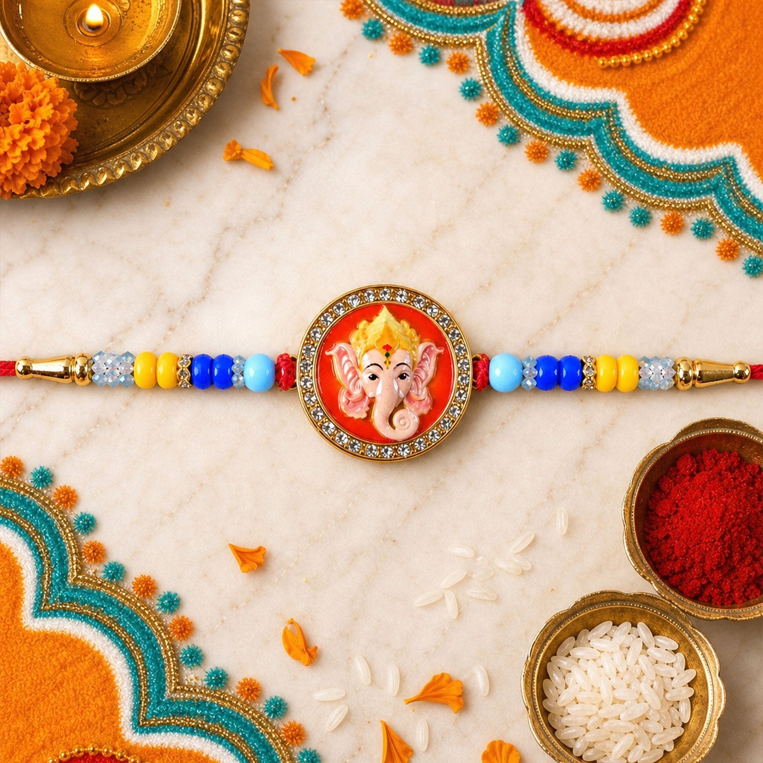 Ganesh Devotional Beaded Rakhi with Sacred Charm (4 Pc)