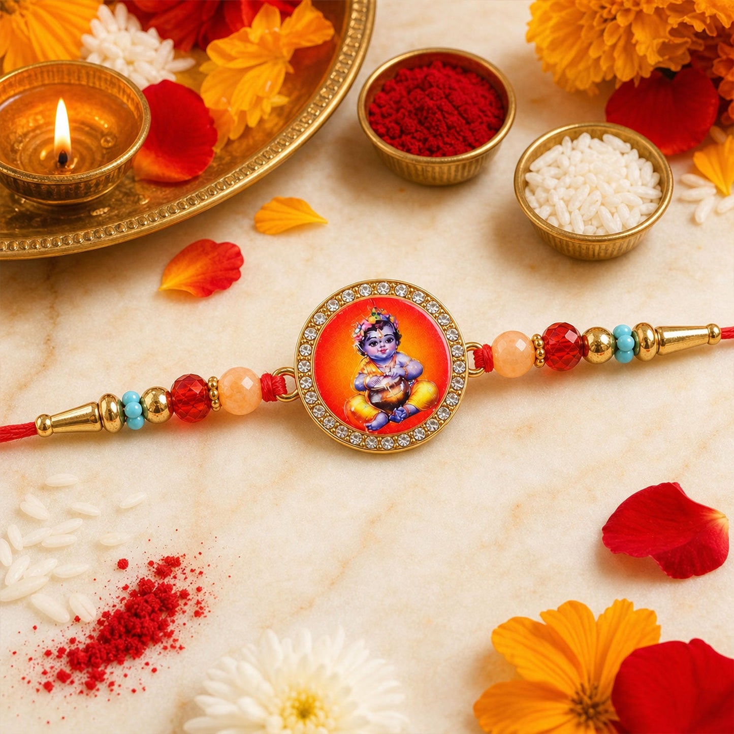 Ganesh Devotional Beaded Rakhi with Sacred Charm (4 Pc)