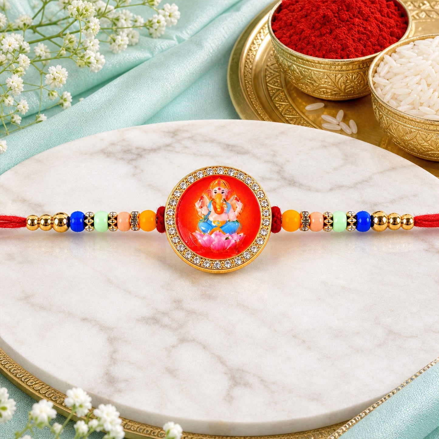 Ganesh Devotional Beaded Rakhi with Sacred Charm (4 Pc)