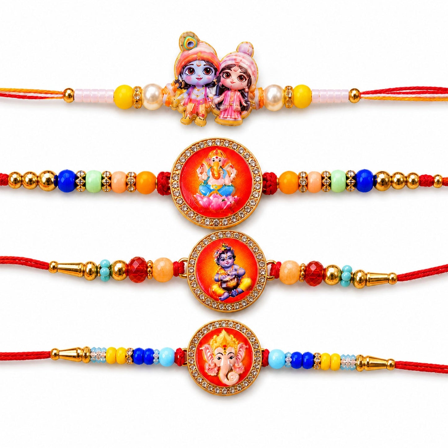 Ganesh Devotional Beaded Rakhi with Sacred Charm (4 Pc)