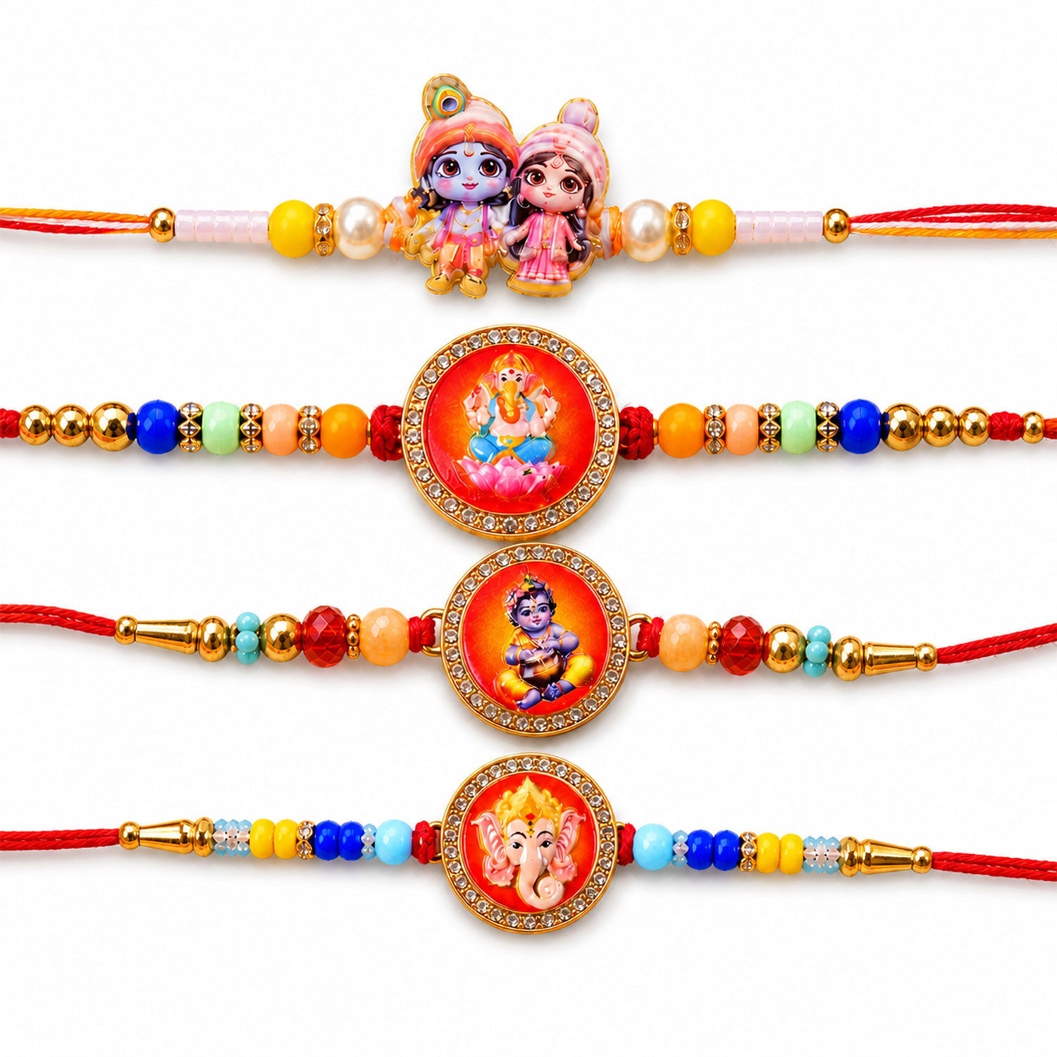 Ganesh Devotional Beaded Rakhi with Sacred Charm (4 Pc)