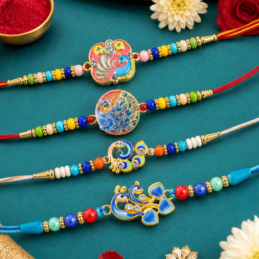 Peacock Kundan Beaded Rakhi with Ornamental Work (4 Pc)