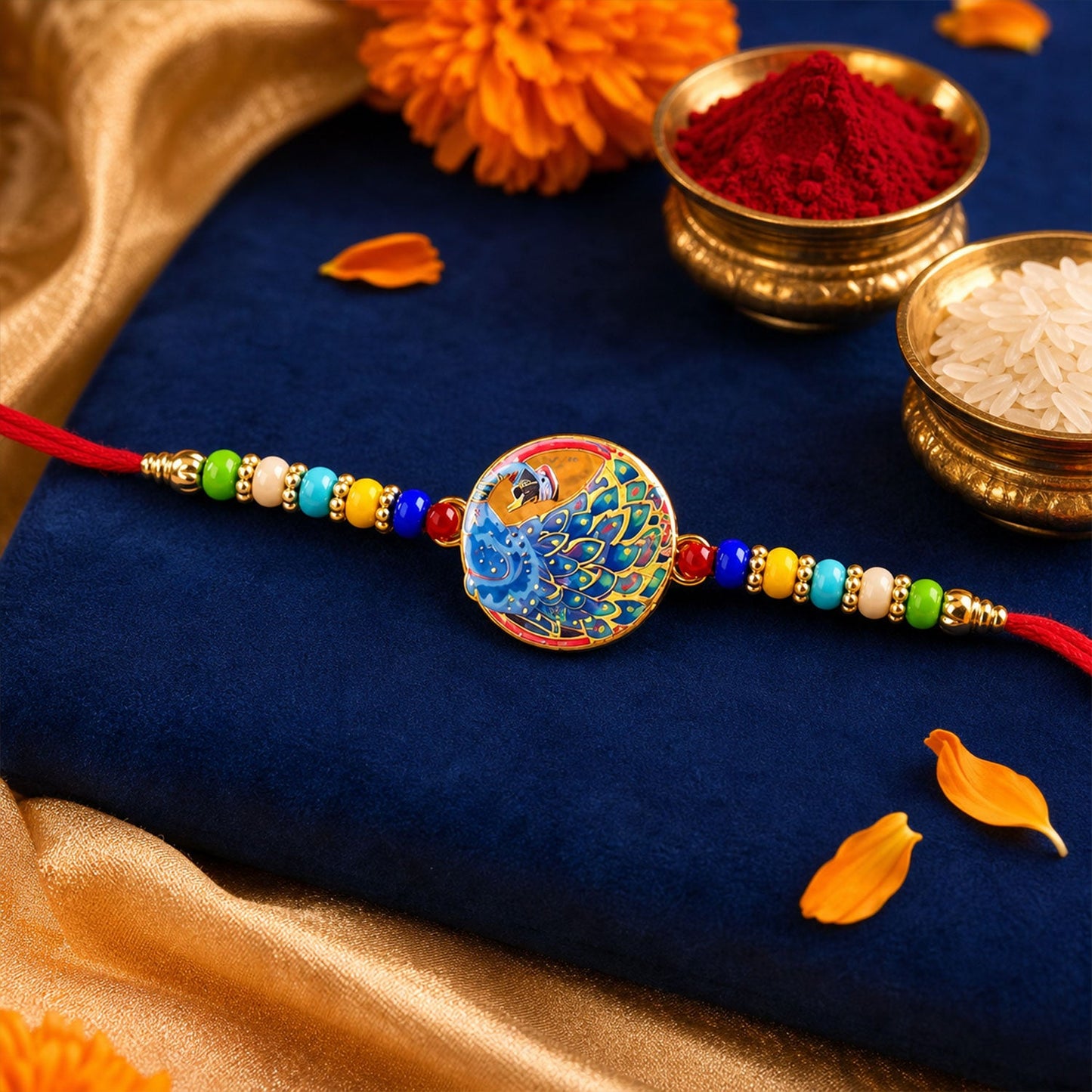Peacock Kundan Beaded Rakhi with Ornamental Work (4 Pc)
