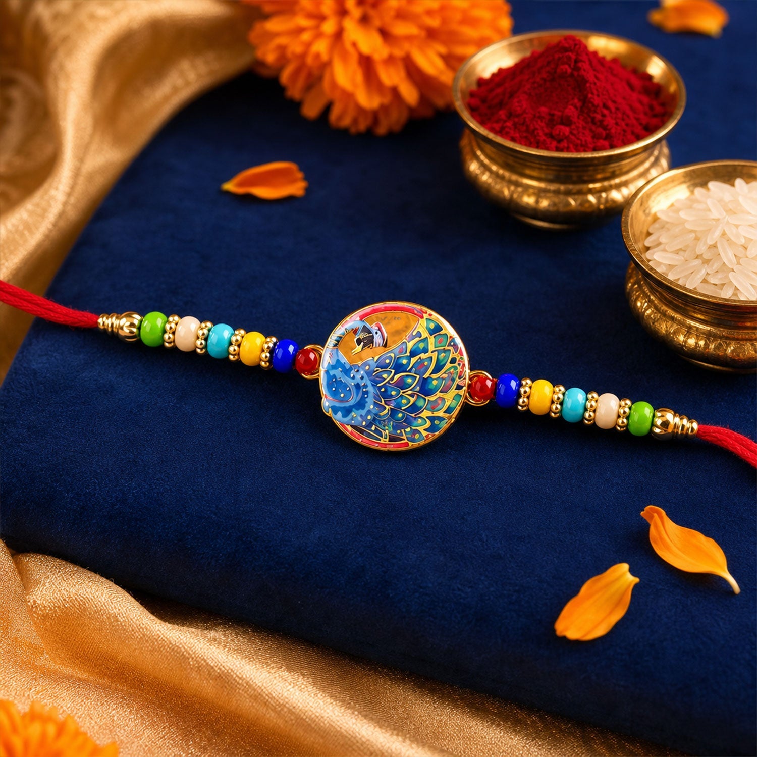 Peacock Kundan Beaded Rakhi with Ornamental Work (4 Pc)