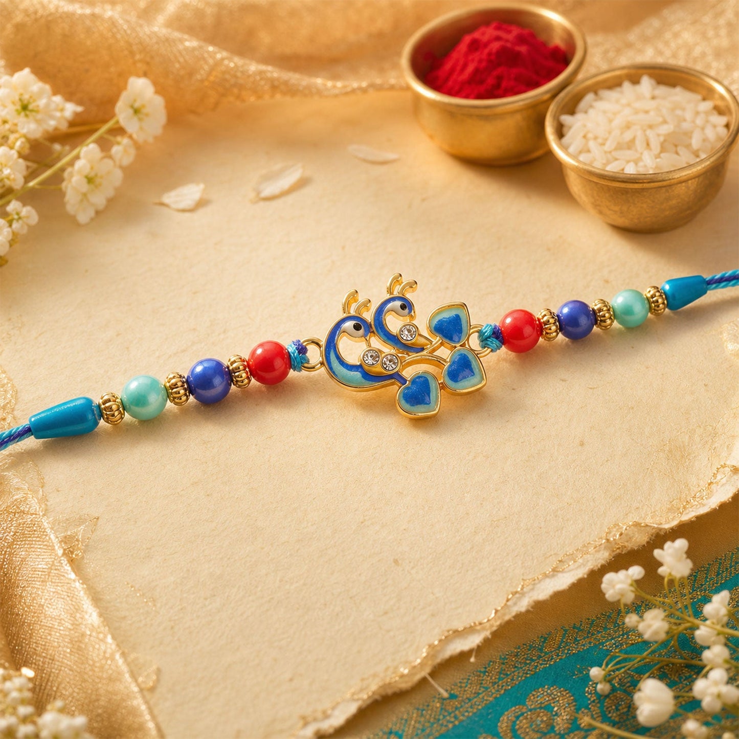 Peacock Kundan Beaded Rakhi with Ornamental Work (4 Pc)