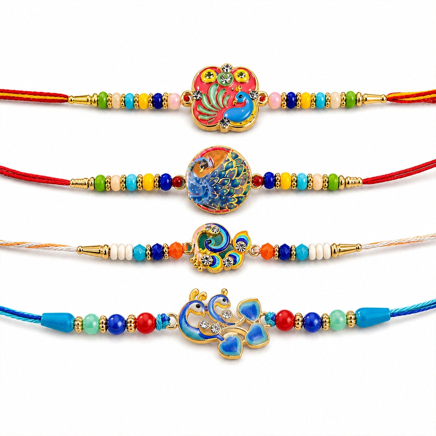 Peacock Kundan Beaded Rakhi with Ornamental Work (4 Pc)