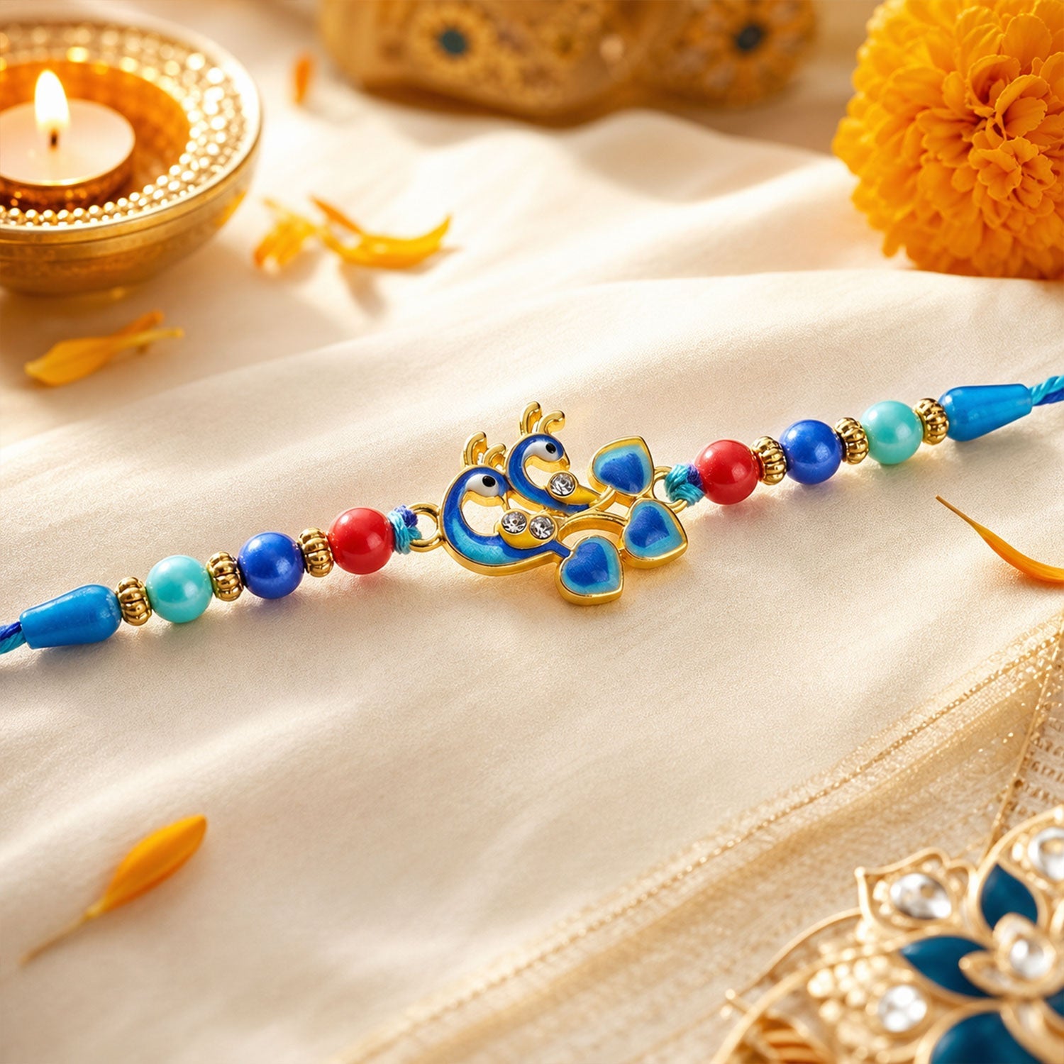 Evil Eye Peacock Beaded Rakhi with Kundan Detail (4 Pc)