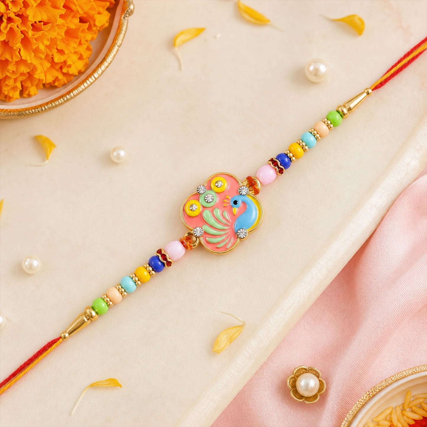Evil Eye Peacock Beaded Rakhi with Kundan Detail (4 Pc)