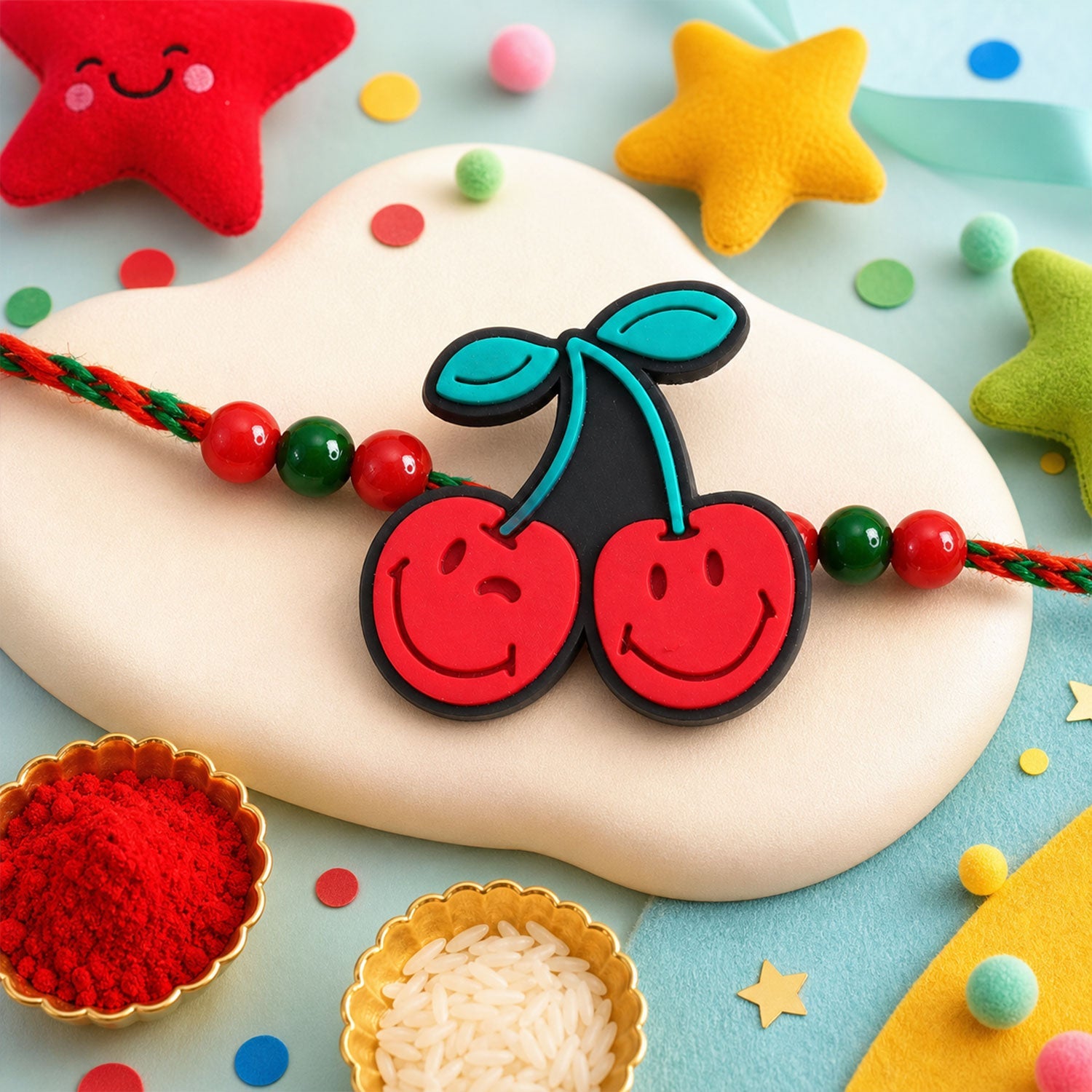 Cherry Kids Beaded Rakhi with Cute Fruit Charm (4 Pc)