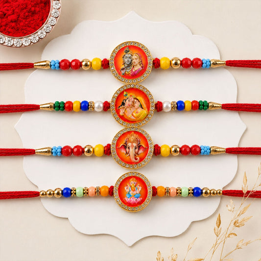 Ganesh Devotional Pearl Beaded Rakhi with Sacred Art (4 Pc)