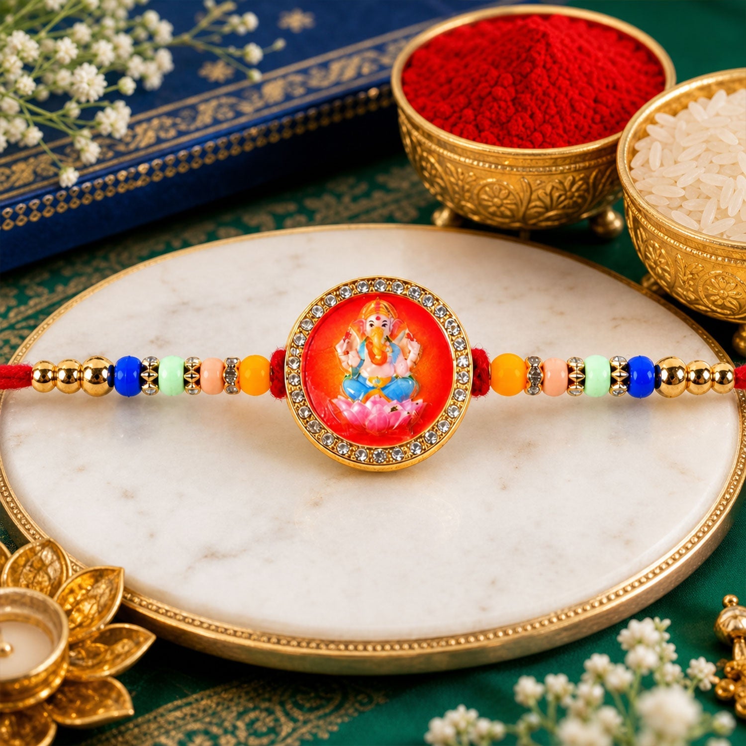 Ganesh Devotional Pearl Beaded Rakhi with Sacred Art (4 Pc)