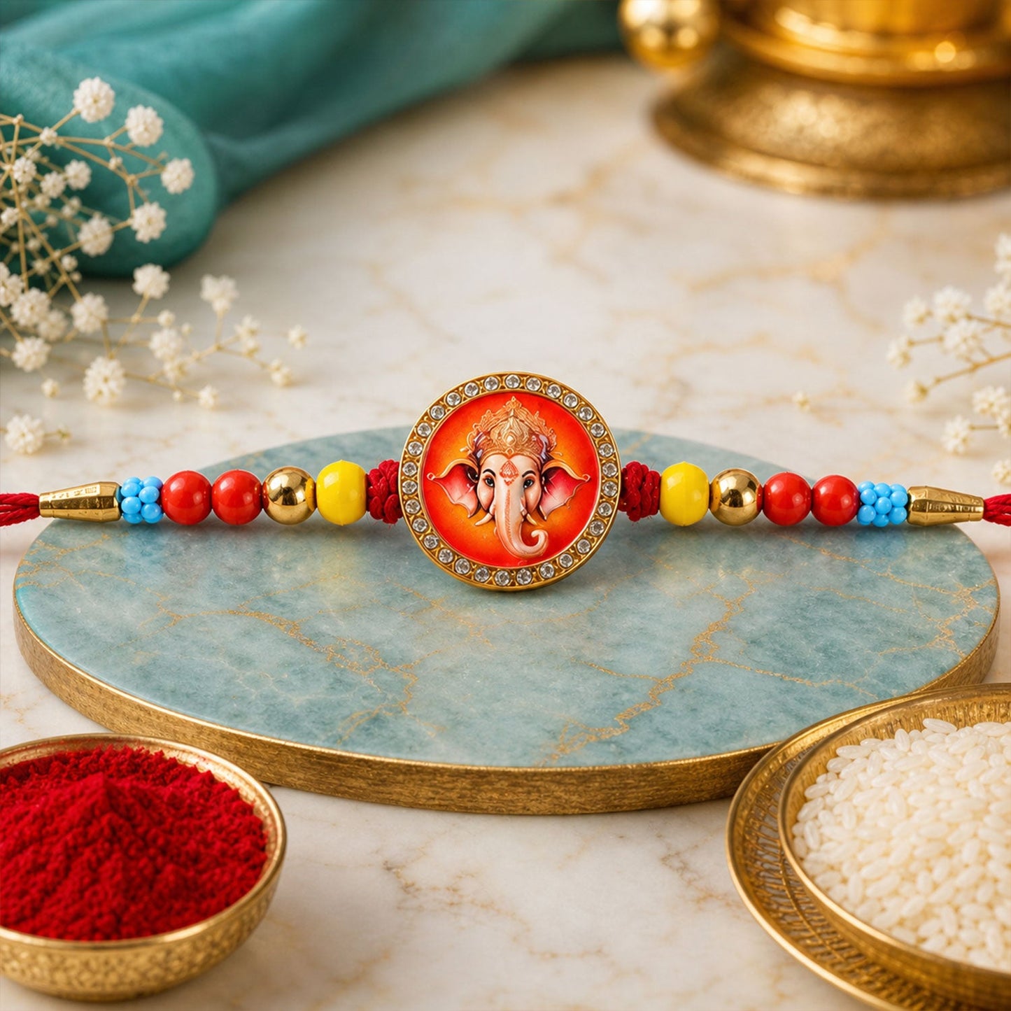 Ganesh Devotional Pearl Beaded Rakhi with Sacred Art (4 Pc)