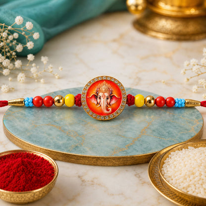 Ganesh Devotional Pearl Beaded Rakhi with Sacred Art (4 Pc)