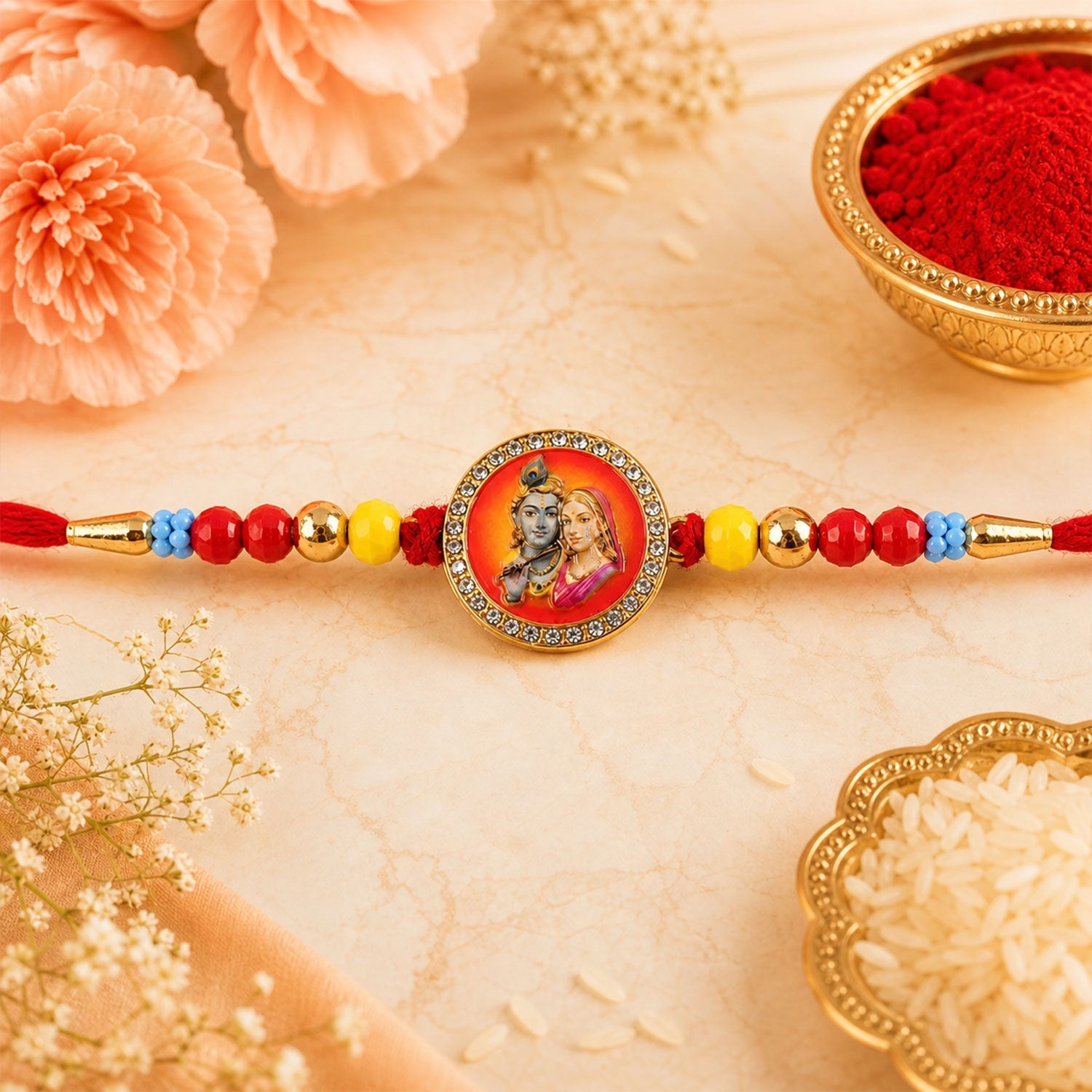 Ganesh Devotional Pearl Beaded Rakhi with Sacred Art (4 Pc)