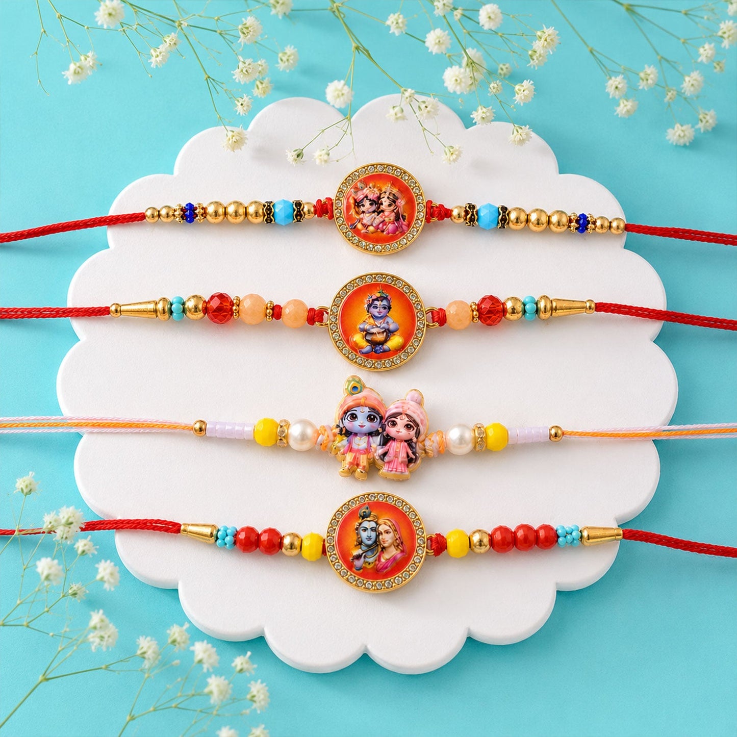 Radha Krishna Kids Beaded Rakhi with Cute Charm (4 Pc)