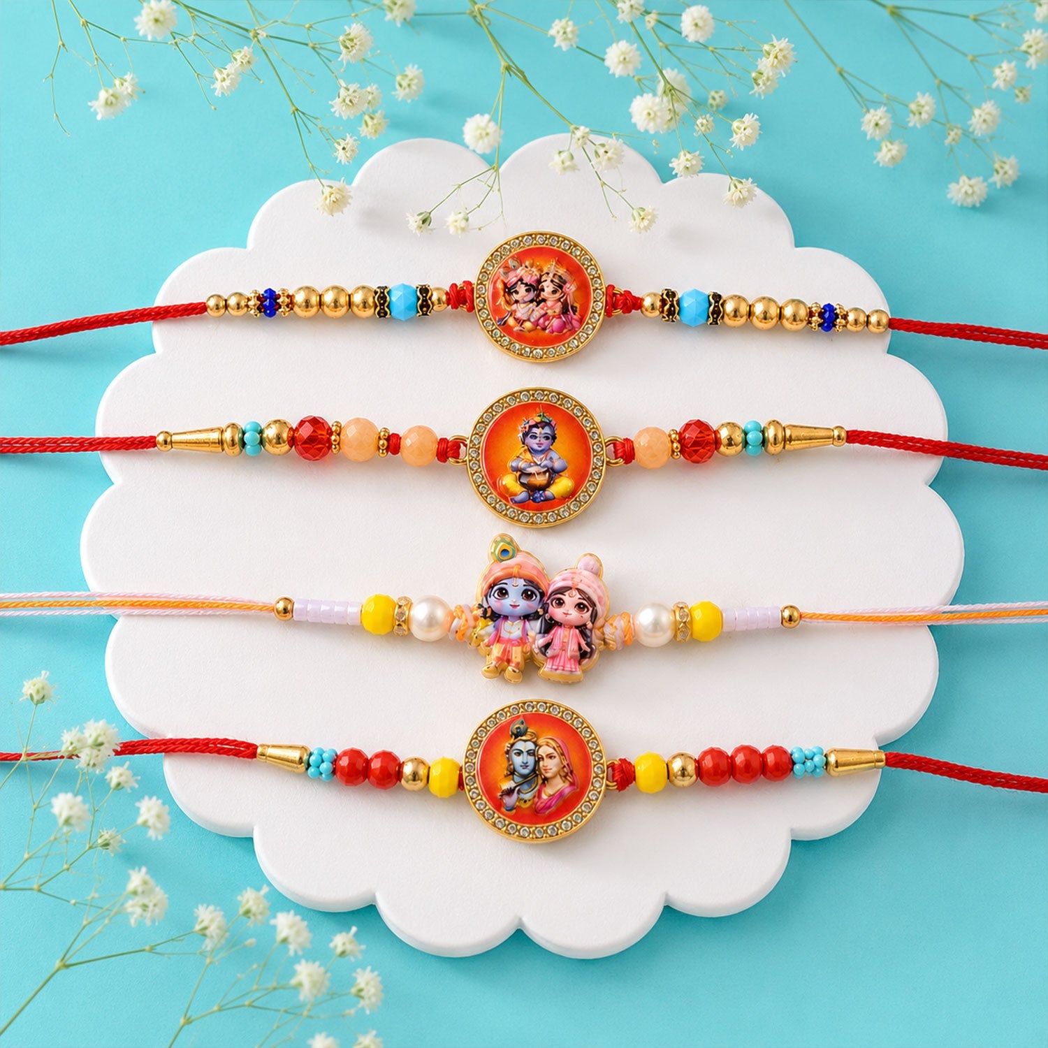 Radha Krishna Kids Beaded Rakhi with Cute Charm (4 Pc)