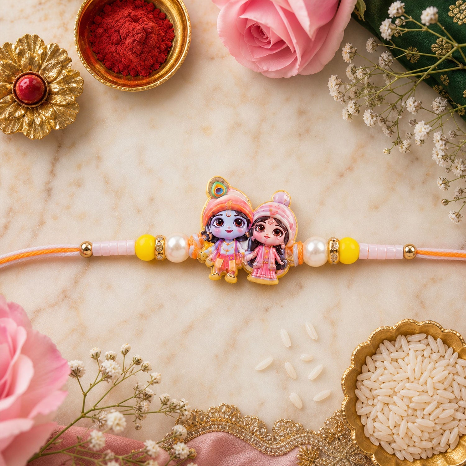Radha Krishna Kids Beaded Rakhi with Cute Charm (4 Pc)