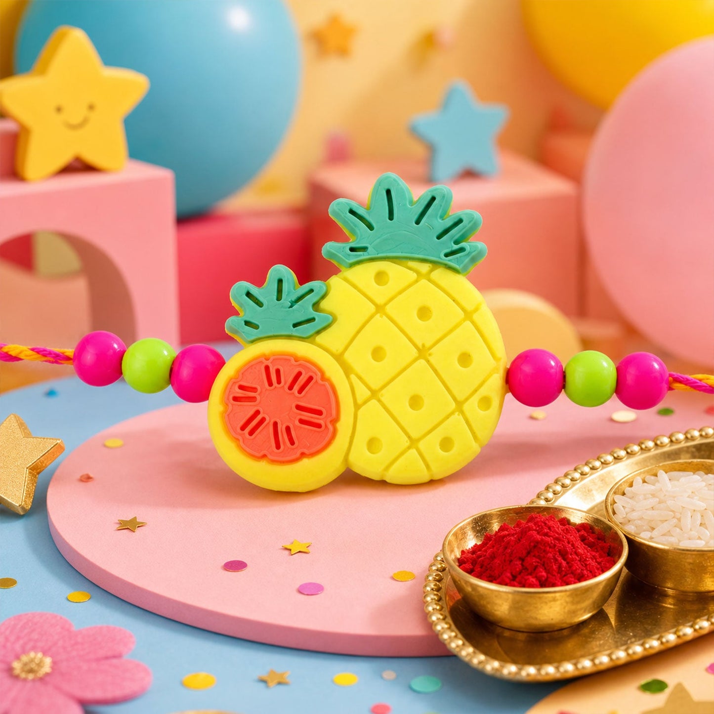 Pineapple Fruit Kids Beaded Rakhi Pack with Playful Charm (5 Pc)