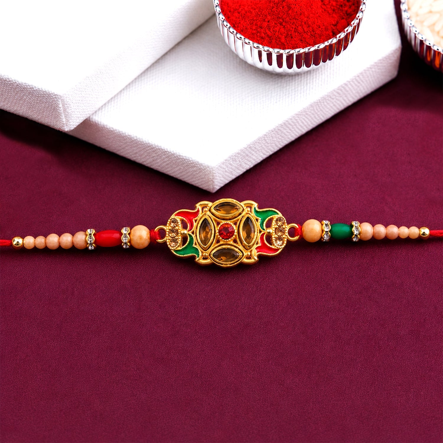 Designer Stylish Kundan Stone Pearl Beads Rakhi (12 Pc Set)